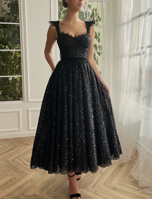 A-Line Prom Black Dress Vintage Dress Masquerade Party Wear Ankle Length Sleeveless Strapless Wednesday Addams Family Lace with Glitter Sequin