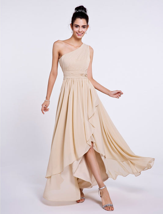 A-Line / Ball Gown One Shoulder Asymmetrical Chiffon Bridesmaid Dress with Sash / Ribbon / Side Draping