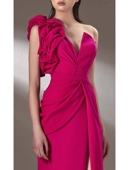 Sheath / Column Evening Gown Elegant Dress Formal Floor Length Sleeveless One Shoulder Pink Dress Stretch Fabric with Shouder Flower