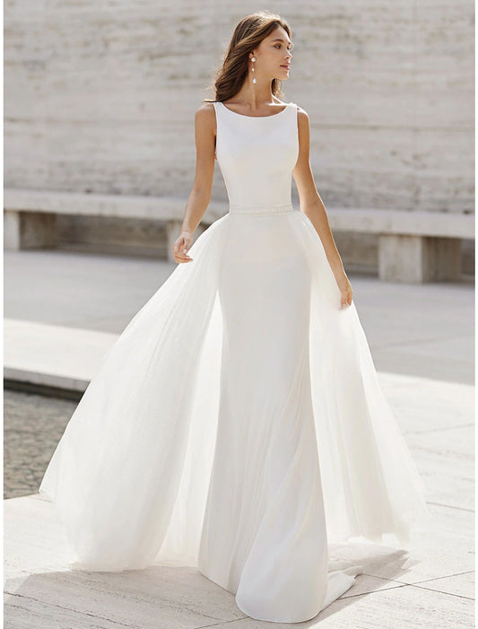 Beach Open Back Wedding Dresses Mermaid / Trumpet Scoop Neck Sleeveless Court Train Satin Bridal Suits Bridal Gowns With Appliques