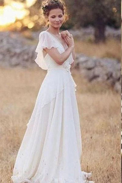 Elegant A-Line Ivory Flower Cap Sleeve V-Neck Chiffon Open Back Wedding Dresses