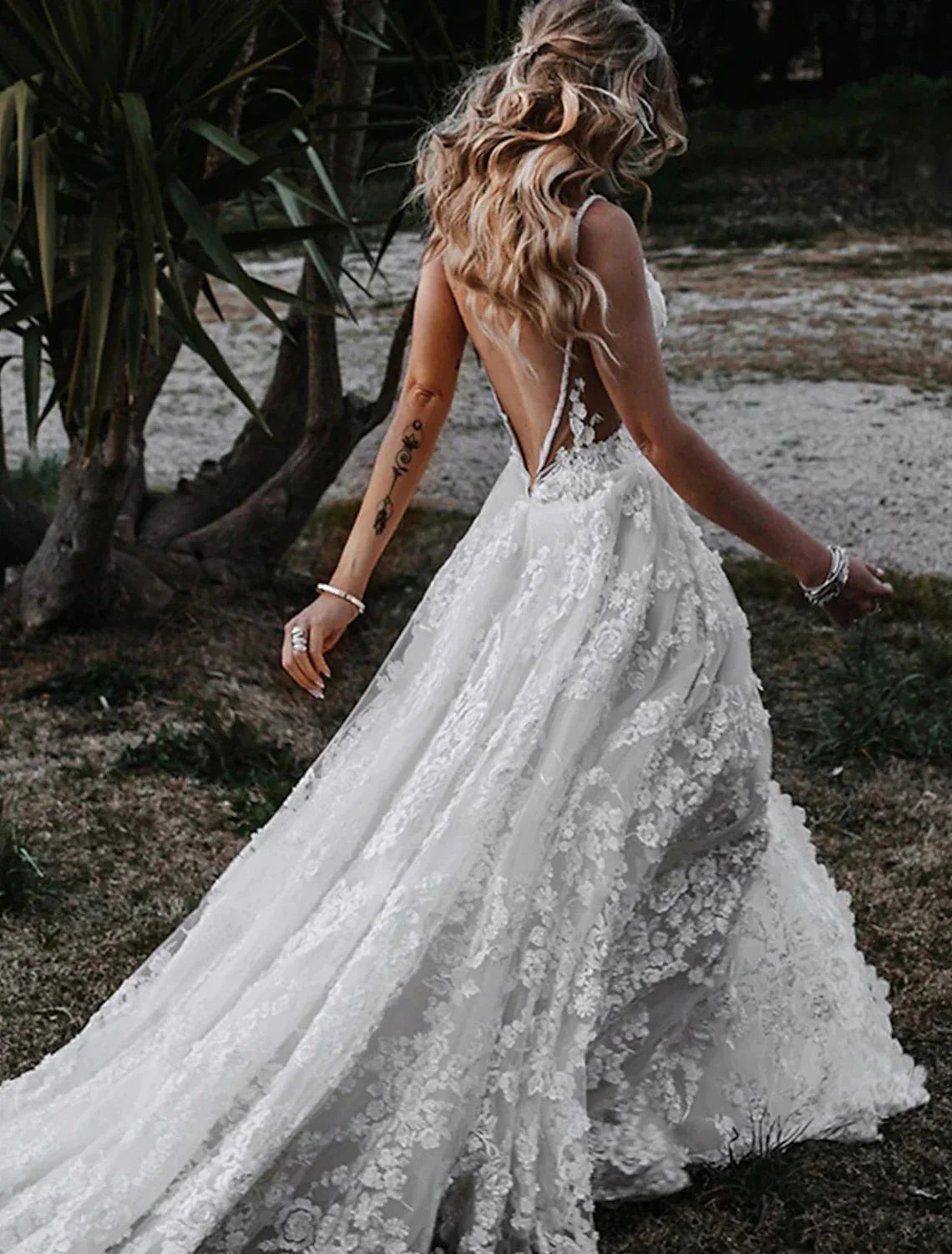 Beach Sexy Boho Wedding Dresses A-Line Sweetheart Camisole Spaghetti Strap Court Train Lace Outdoor Bridal Gowns With Appliques Split Front Summer Wedding Party  Women‘s Clothing