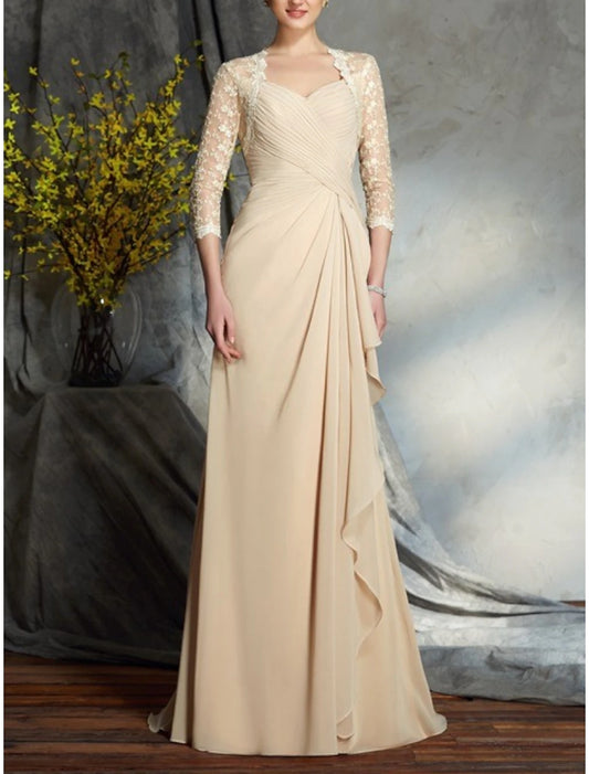 A-Line Mother of the Bride Dress Wedding Guest Elegant V Neck Sweep / Brush Train Chiffon Half Sleeve with Lace Ruching