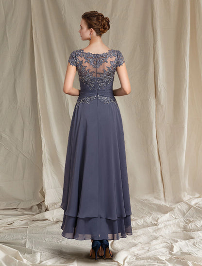 Two Piece A-Line Mother of the Bride Dress Formal Wedding Guest Elegant Scoop Neck Asymmetrical Tea Length Chiffon Lace Short Sleeve Wrap Included with Beading Appliques