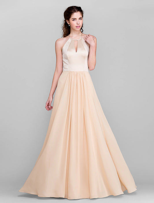 A-Line Jewel Neck Floor Length Chiffon / Satin Bridesmaid Dress with Pleats