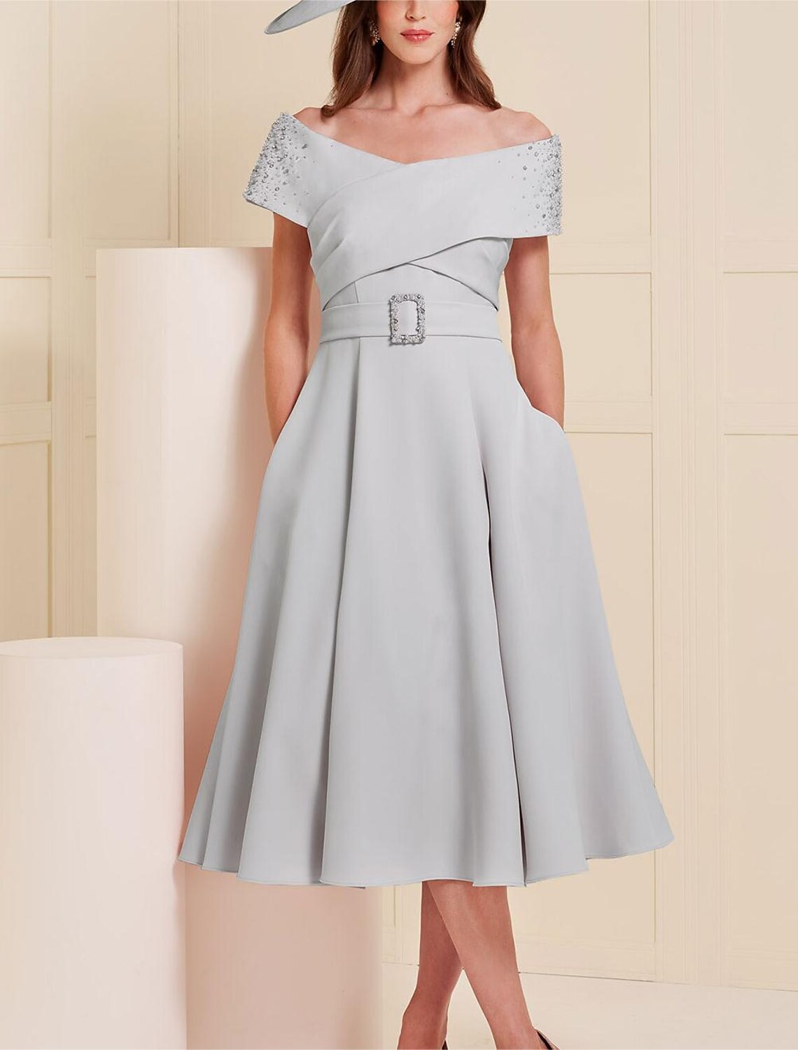 A-Line Mother of the Bride Dress Wedding Guest Elegant Off Shoulder Tea Length Stretch Fabric Short Sleeve with Sash / Ribbon Beading Solid Color