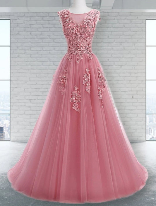 A-Line Prom Dresses Elegant Dress Wedding Guest Sweep / Brush Train Sleeveless Jewel Neck Tulle with Appliques