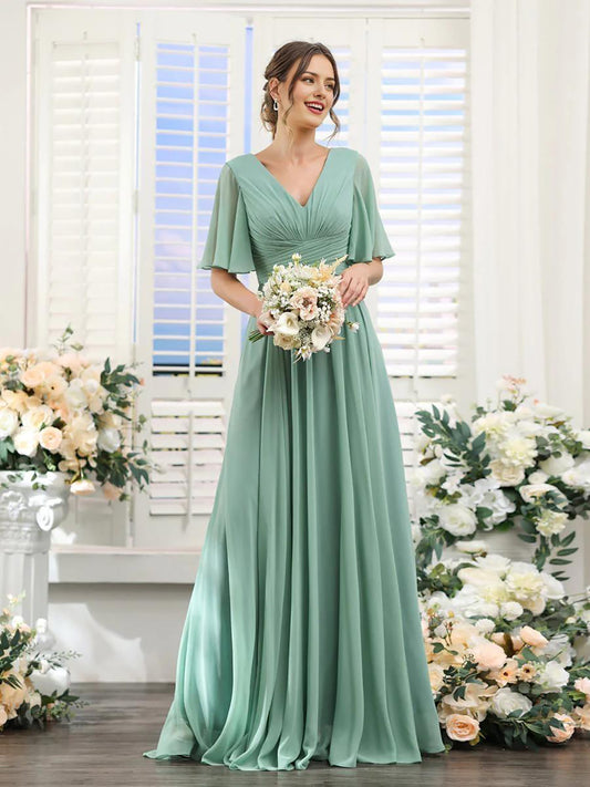 A-shaped V-shaped leader bridesmaid dress, suitable for wedding guests, long chiffon formal slit party dress