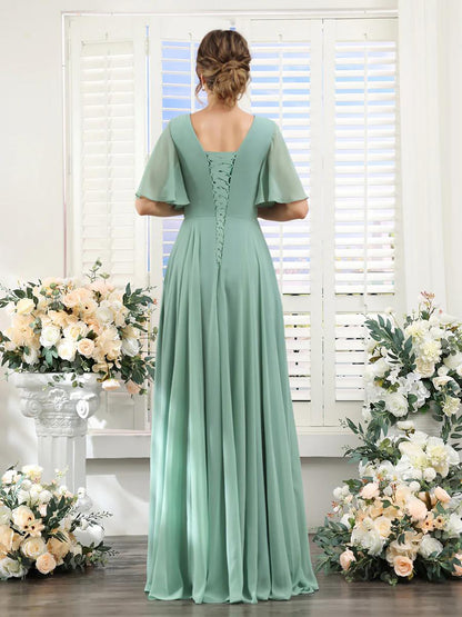 A-shaped V-shaped leader bridesmaid dress, suitable for wedding guests, long chiffon formal slit party dress