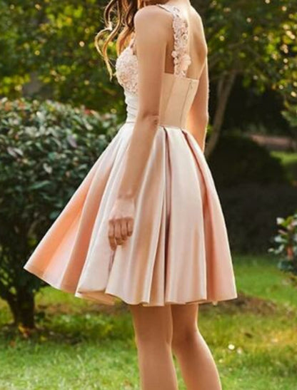 A-Line Cocktail Dresses Party Dress Valentine's Day Wedding Guest Short / Mini Sleeveless One Shoulder Pink Dress Satin with Pleats Appliques