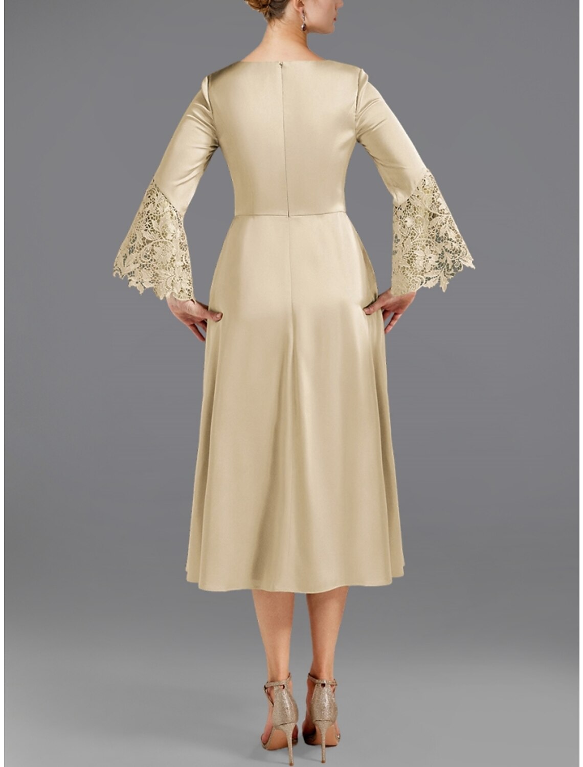 A-Line Mother of the Bride Dress Wedding Guest Elegant Petite Scoop Neck Tea Length Satin Long Sleeve with Lace Ruching