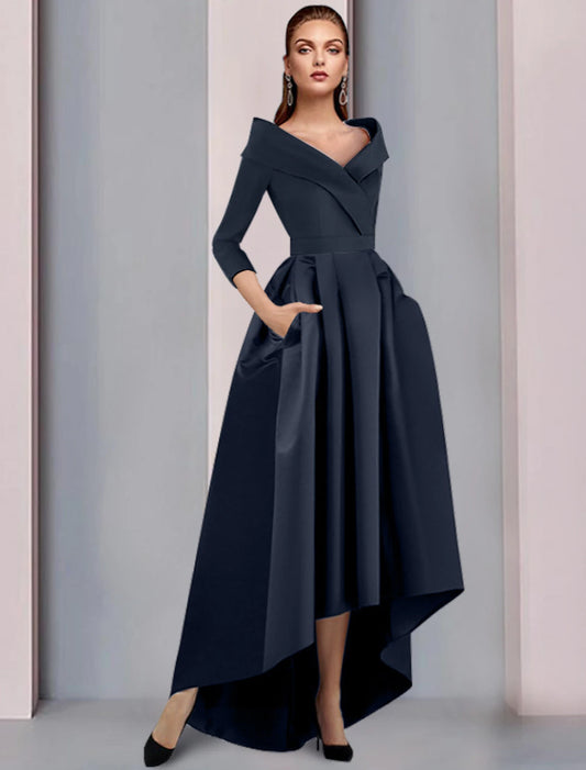 A-Line Mother of the Bride Dress Elegant High Low Sweet Spaghetti Strap Asymmetrical Tea Length Satin 3/4 Length Sleeve with Pleats