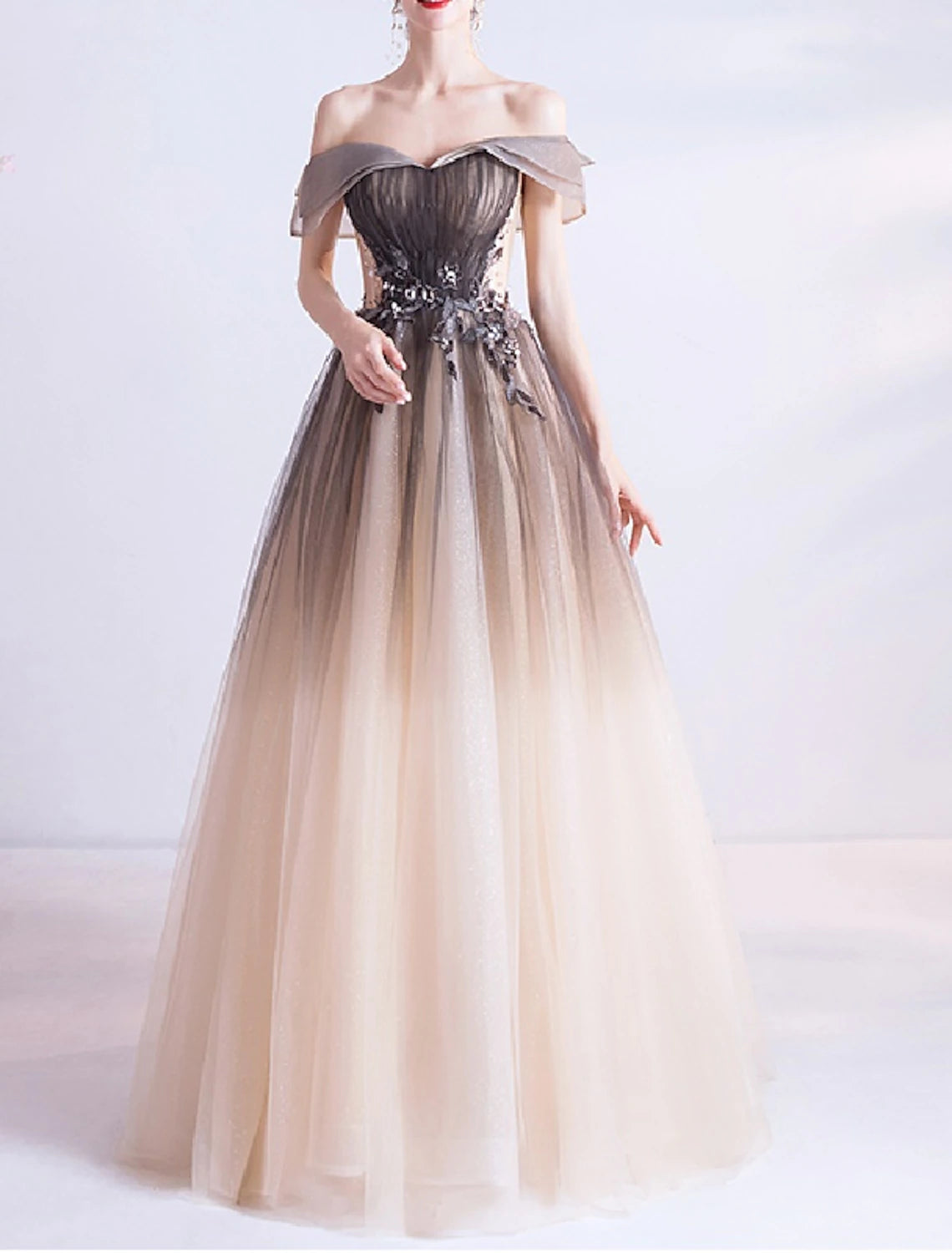 Ball Gown Princess Cute Prom Dress Off Shoulder Sleeveless Floor Length Tulle with Crystals Appliques