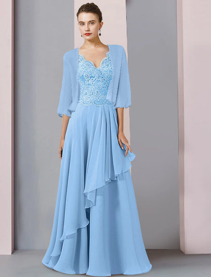 Two Piece A-Line Mother of the Bride Dress Formal Wedding Guest Party Elegant V Neck Floor Length Chiffon Lace Half Sleeve Wrap Included with Beading Sequin Appliques