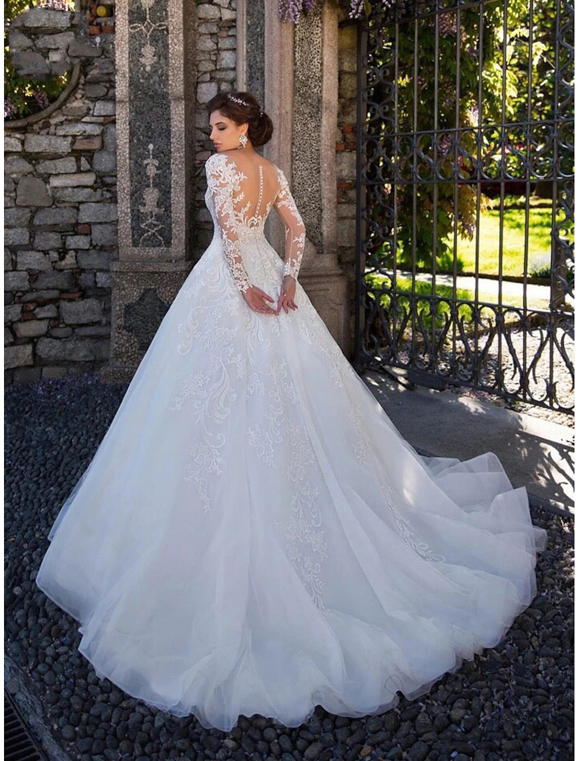 Engagement Formal Fall Wedding Dresses Ball Gown Illusion Neck Long Sleeve Court Train Lace Bridal Gowns With Lace Appliques Summer Wedding Party 2023, Women‘s Clothing