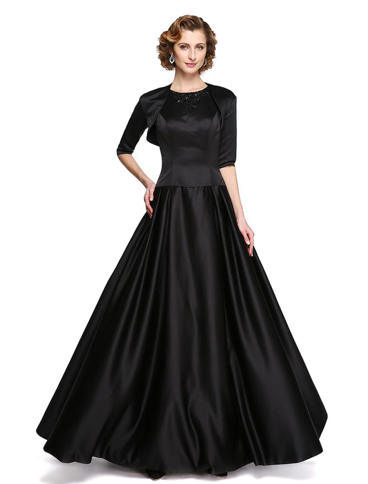 A-Line Jewel Neck Floor Length Stretch Satin Mother of the Bride Dress with Beading / Appliques / Draping