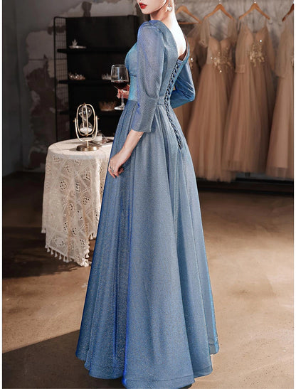 A-Line Beautiful Back Elegant Prom Formal Evening Dress Sweetheart Neckline V Back 3/4 Length Sleeve Floor Length Satin with Sleek Pure Color Splicing