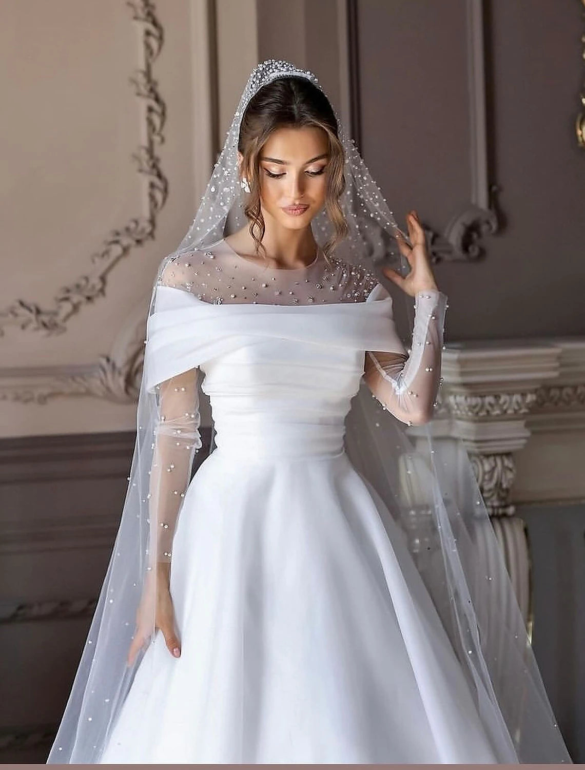 Simple Wedding Dresses Wedding Dresses A-Line V Neck Long Sleeve Court Train Chiffon Bridal Gowns With Pleats Ruched