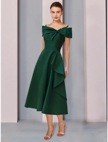 A-Line Mother of the Bride Dress Wedding Guest Elegant Off Shoulder Tea Length Satin Short Sleeve with Bow(s) Ruffles Ruching