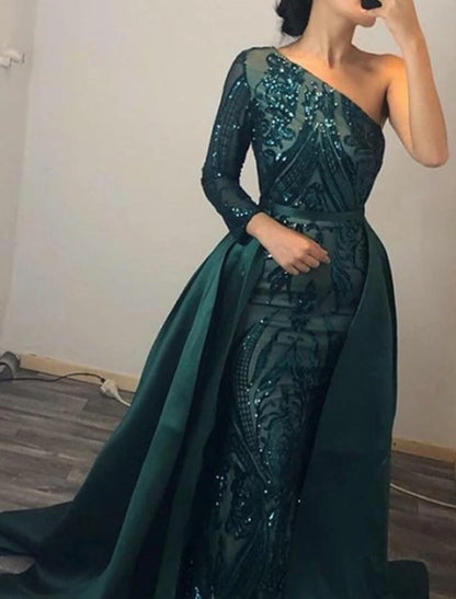 Mermaid / Trumpet Evening Gown Elegant Dress Formal Wedding Court Train Long Sleeve One Shoulder Detachable Satin with Sequin