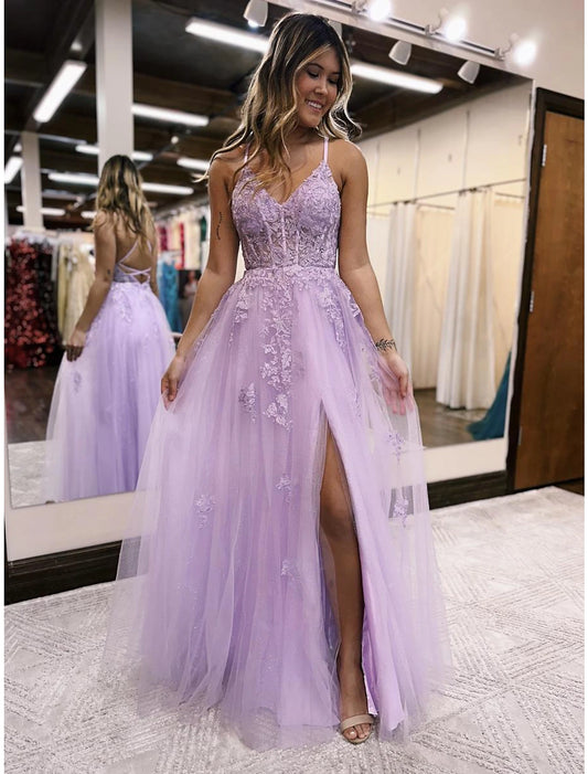 A-Line Evening Gown Open Back Dress Formal Prom Floor Length Sleeveless V Neck Tulle Backless with Beading Slit Appliques