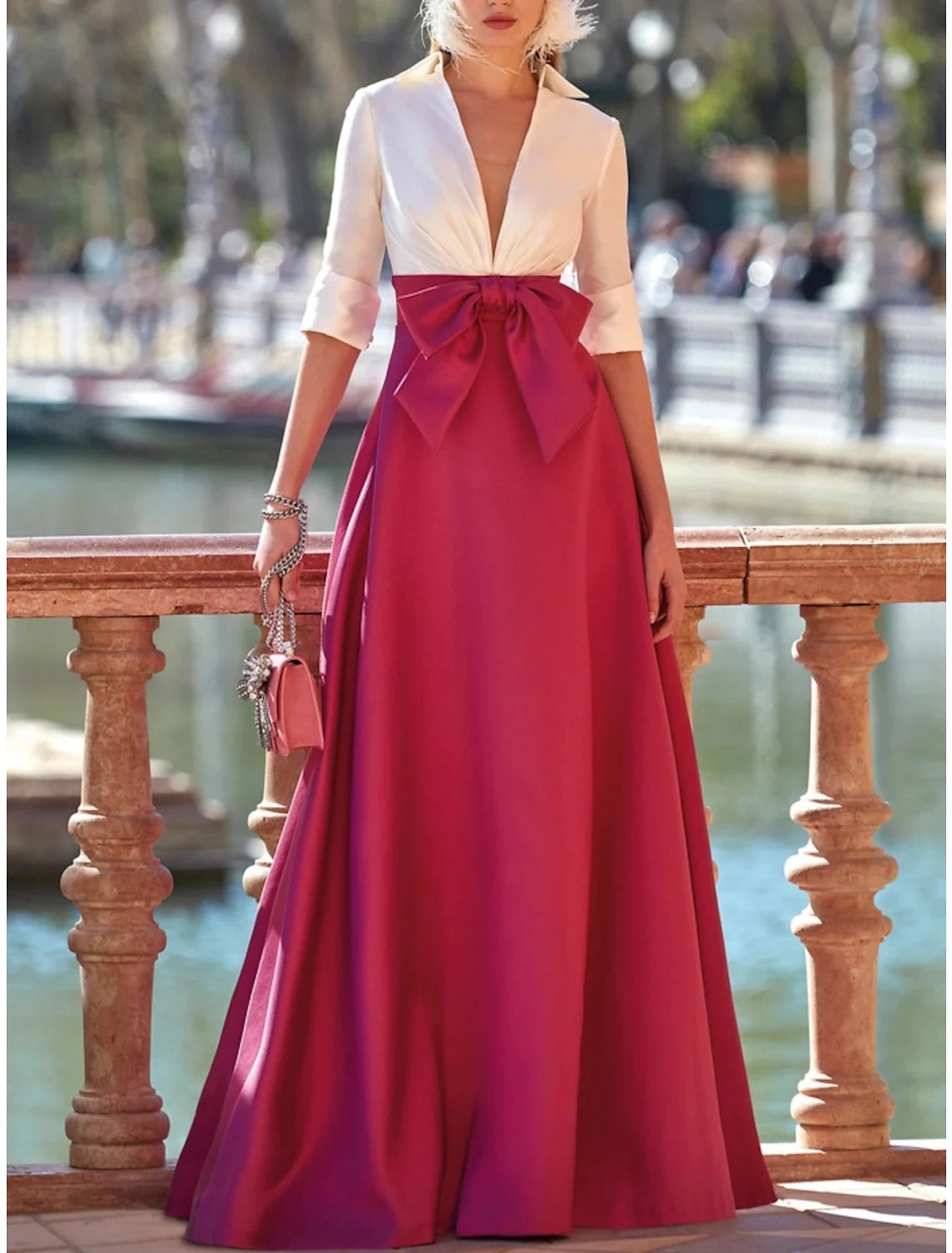 A-Line Evening Gown Elegant Dress Formal Floor Length Half Sleeve V Neck Satin with Bow(s) Pleats