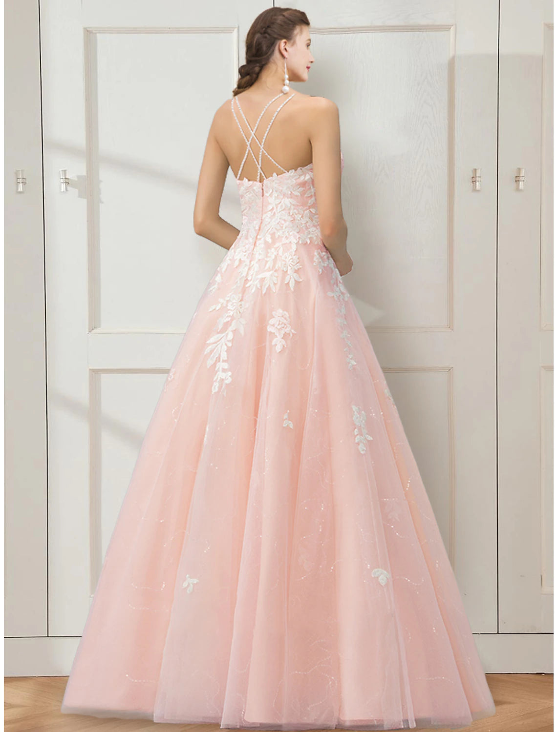 Ball Gown Prom Dresses Floral Dress Masquerade Floor Length Sleeveless Spaghetti Strap Tulle Crisscross Back with Embroidery