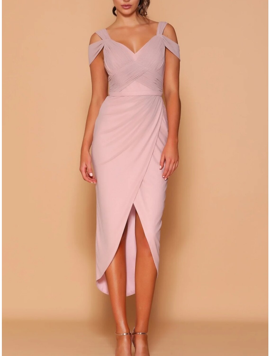 A-Line Bridesmaid Dress V Neck Short Sleeve Elegant Tea Length Chiffon with Split Front / Ruching