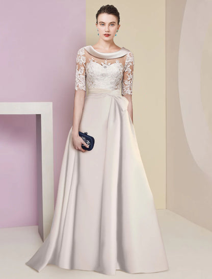 A-Line Mother of the Bride Dress Formal Elegant Scoop Neck Floor Length Satin Lace Half Sleeve with Appliques