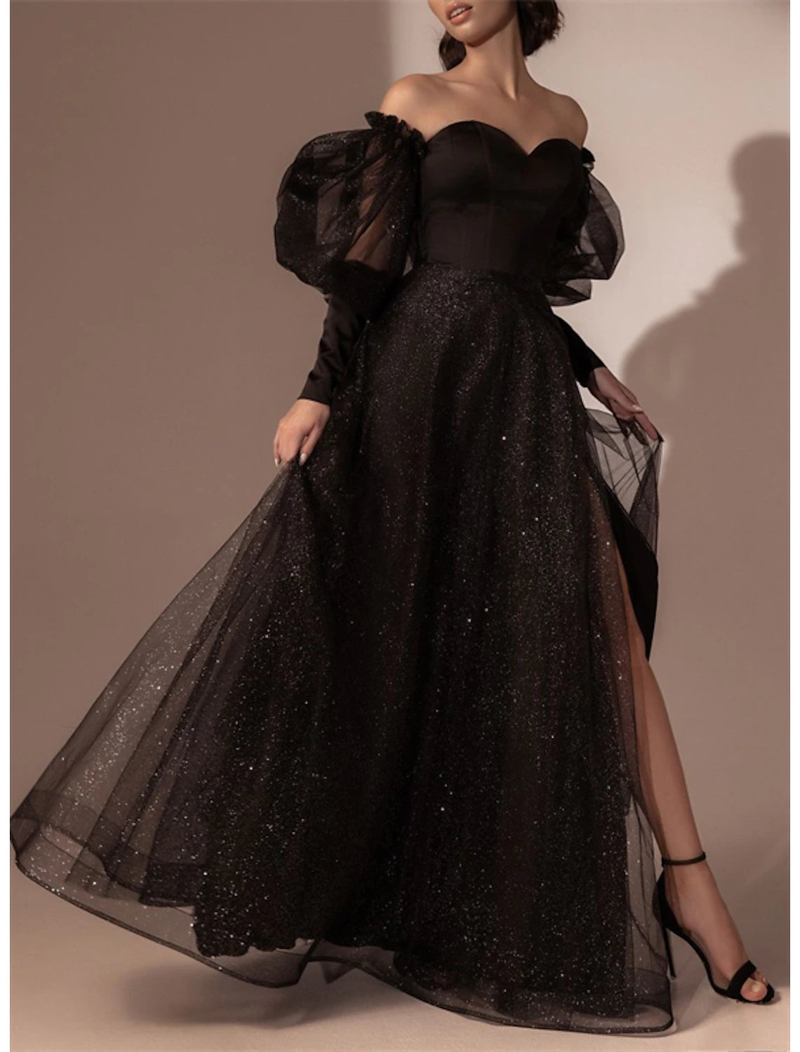 A-Line Evening Gown High Split Dress Prom Semi Formal Black Dress Plus Size Floor Length Long Sleeve Off Shoulder Tulle with Glitter Slit