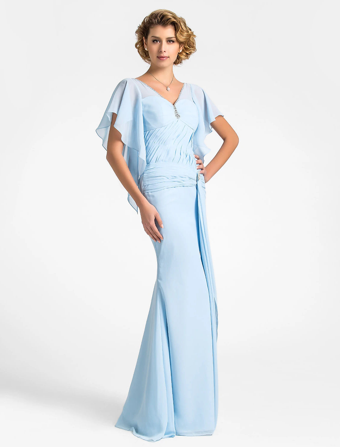 Mermaid / Trumpet Mother of the Bride Dress Vintage Inspired V Neck Floor Length Chiffon Short Sleeve with Beading Side Draping Crystal Brooch/ Butterfly Sleeve