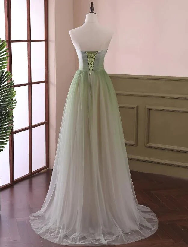 Light Green Gradient Tulle Long Formal Dress, Green Beaded Sweetheart Prom Dresses