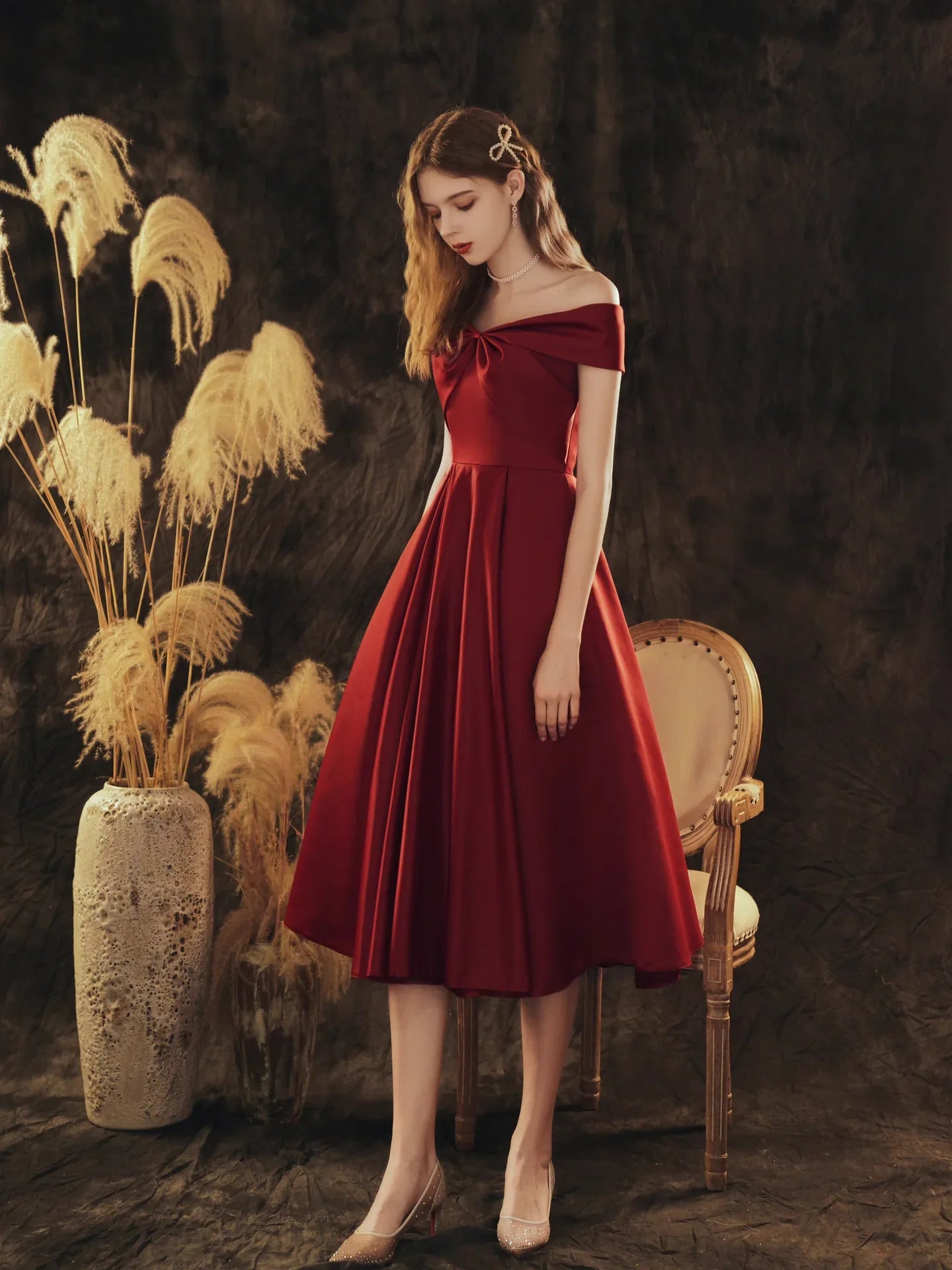 Wine Red Satin Off Shoulder Tea Length, Wine Red Bridesmaid Dress Homecoming Dress
