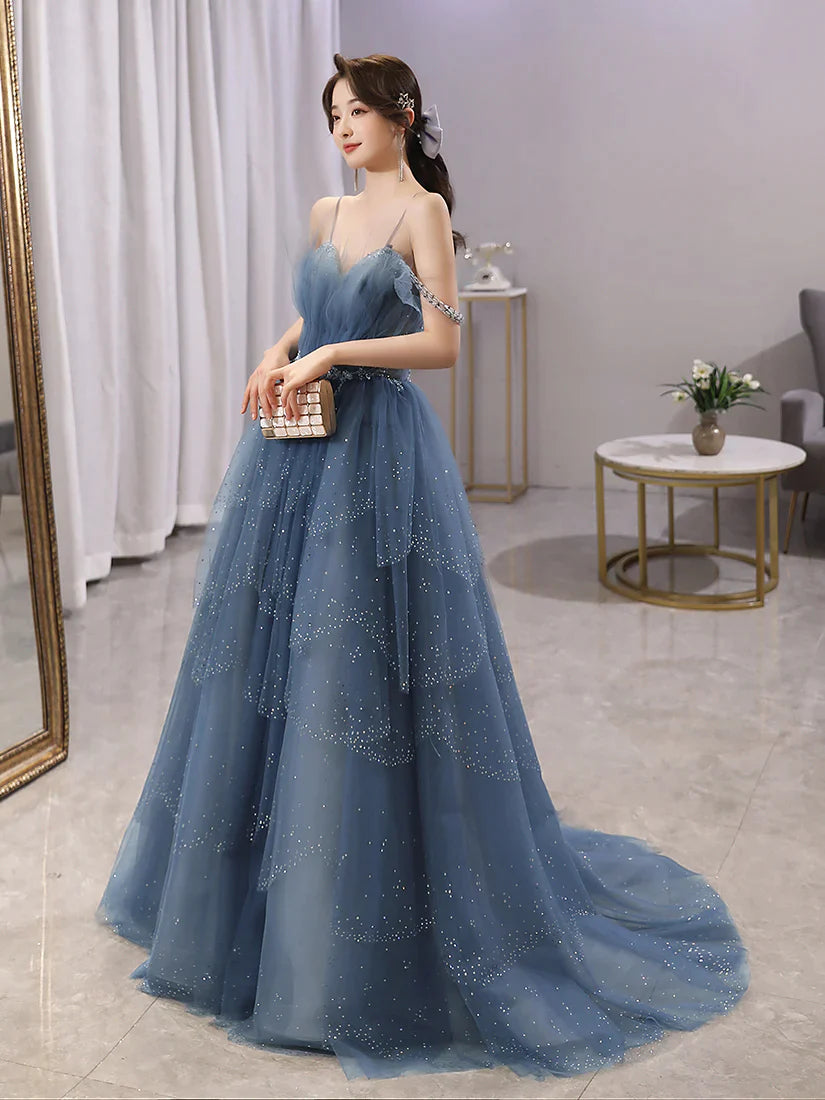 Blue Tulle Sweetheart Beaded Straps A-line Junior Prom Dress, Blue Long Evening Dress