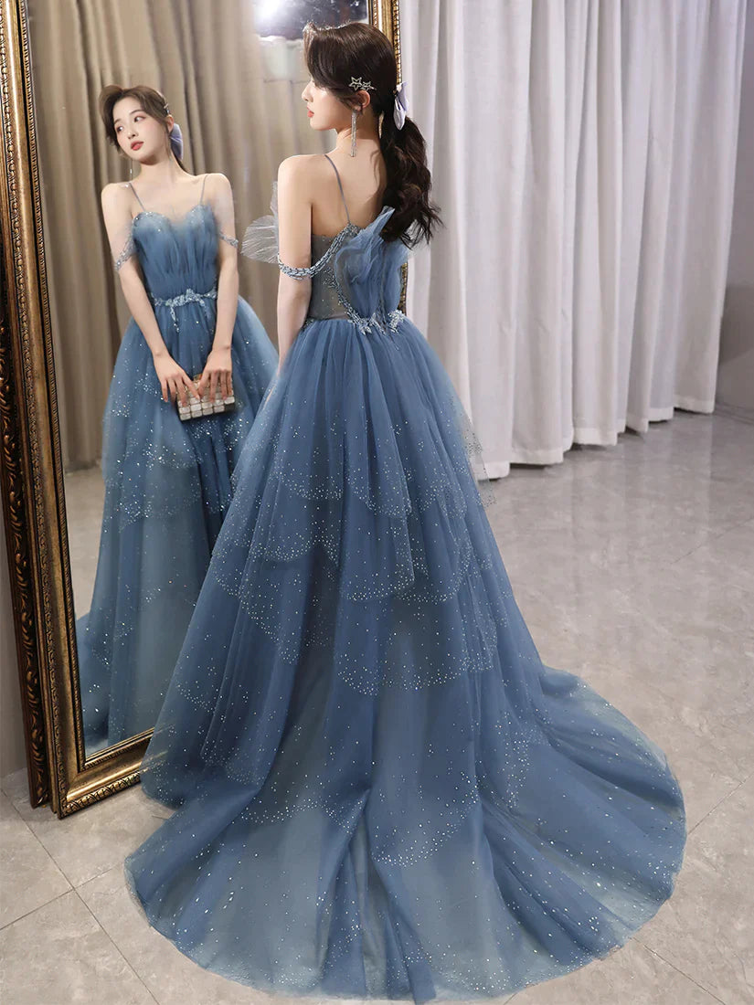 Blue Tulle Sweetheart Beaded Straps A-line Junior Prom Dress, Blue Long Evening Dress