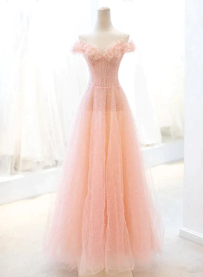 Pink Tulle A-line Long Prom Dress with Sequins, Off Shoulder Evening Dresses