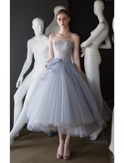 Ball Gown Prom Dresses Vintage Dress Graduation Tea Length Sleeveless Strapless Tulle with Appliques Tiered