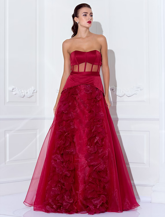 Ball Gown Celebrity Style Dress Holiday Floor Length Sleeveless Strapless Satin with Sash / Ribbon Flower