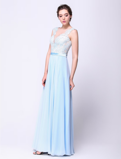 Ball Gown Open Back Dress Holiday Floor Length Sleeveless Plunging Neck Chiffon with Beading Appliques