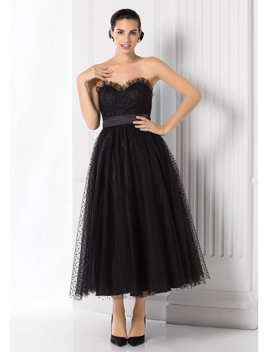 Ball Gown Little Black Dress Dress Holiday Tea Length Sleeveless Sweetheart Tulle with Sash / Ribbon