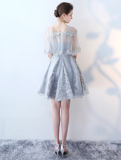 A-Line Minimalist Elegant Party Wear Cocktail Party Dress Jewel Neck Half Sleeve Short / Mini Tulle with Lace Insert Pattern / Print