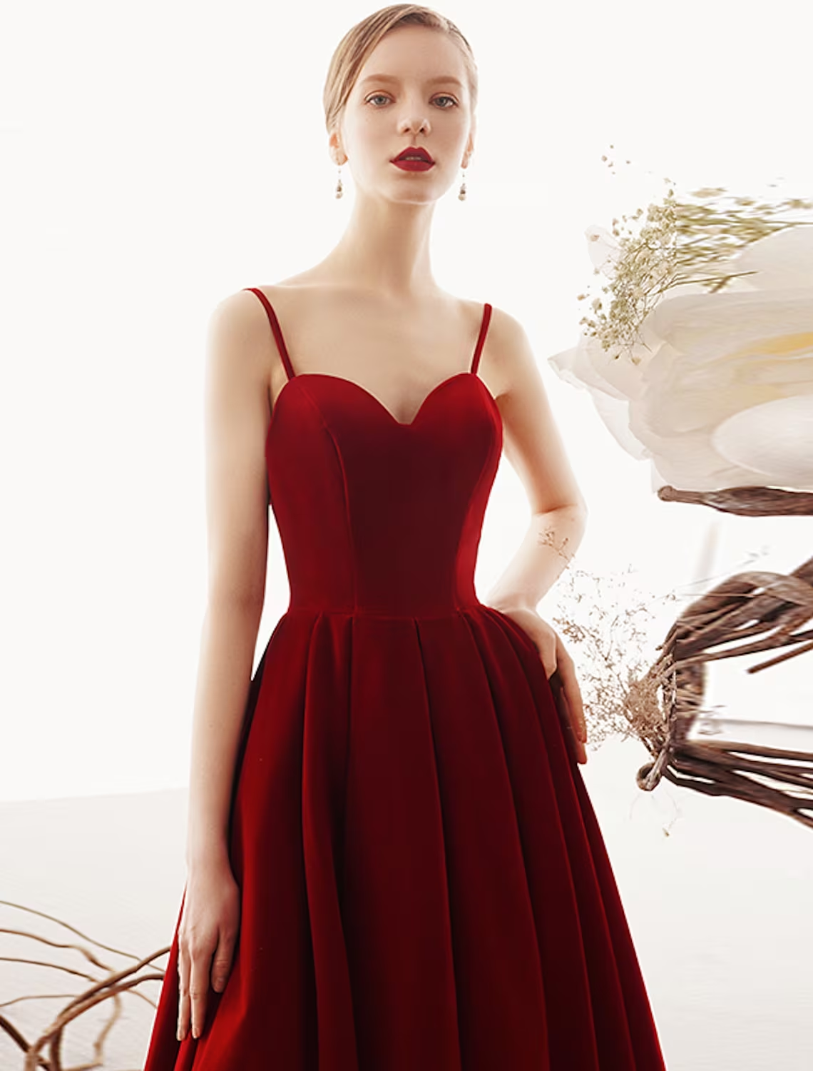 A-Line Prom Dresses Beautiful Back Dress Party Wear Ankle Length Sleeveless Spaghetti Strap Velvet with Sleek Pleats