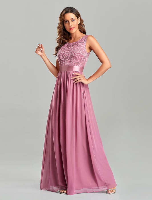A-Line Evening Gown Empire Dress Party Wear Floor Length Short Sleeve Jewel Neck Chiffon with Embroidery