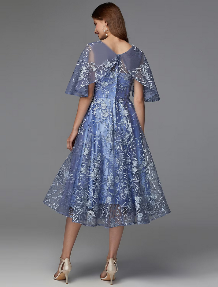 A-Line Floral Dress Wedding Guest Tea Length Sleeveless V Neck Lace V
