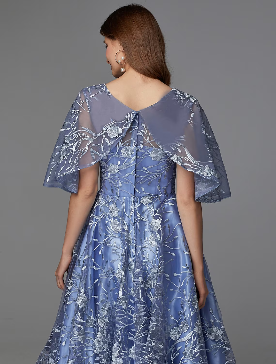 A-Line Floral Dress Wedding Guest Tea Length Sleeveless V Neck Lace V