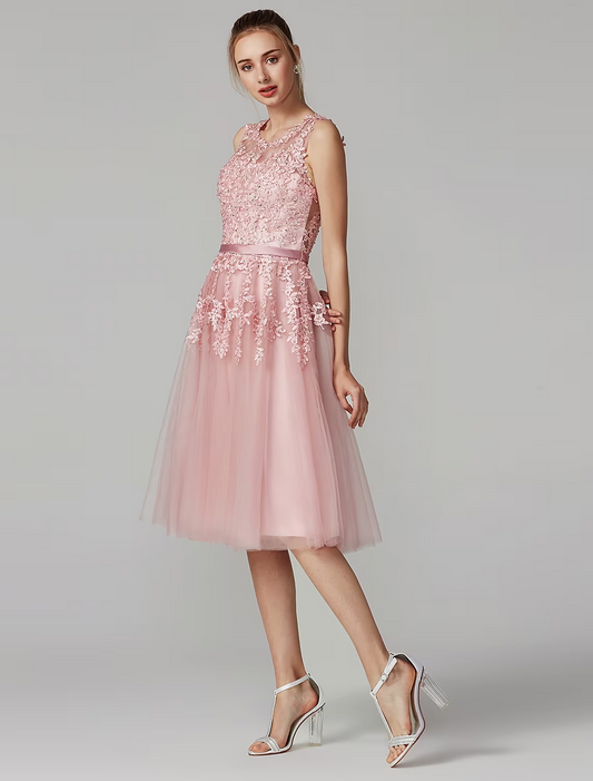 A-Line Cute Dress Cocktail Party Knee Length Sleeveless Illusion Neck Tulle Over Lace with Beading Appliques