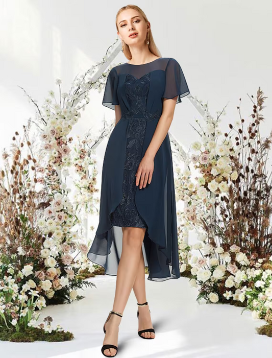 A-Line Cocktail Dresses Empire Dress Wedding Guest Asymmetrical Short Sleeve Jewel Neck Chiffon with Sleek