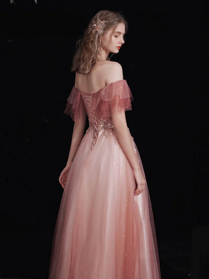 Lovely Pink Floor Length Gradient Shiny Tulle Formal Dress, Pink A-line Prom Dress