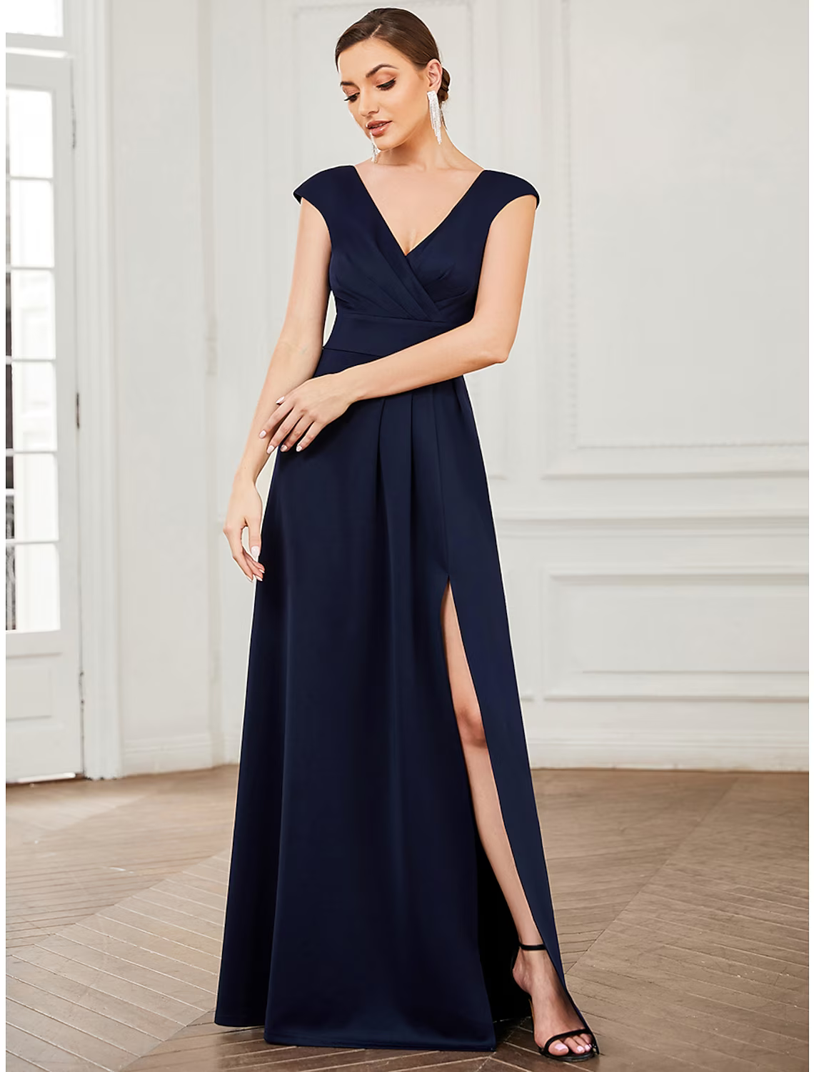 A-Line Evening Gown Elegant Dress Formal Floor Length Sleeveless V Neck Polyester V Back with Draping Slit