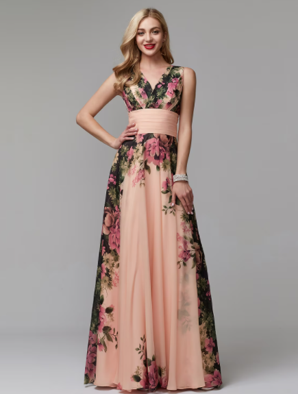A-Line Floral Prom Dress Floor Length Sleeveless V Neck Chiffon with Pattern Print